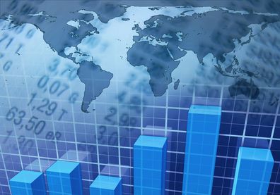 Graphic, world map with grid, bar chart and numbers